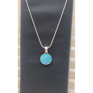 Sterling Silver Inlaid Blue Opal Pendant Necklace 16" Chain Signed ind0925